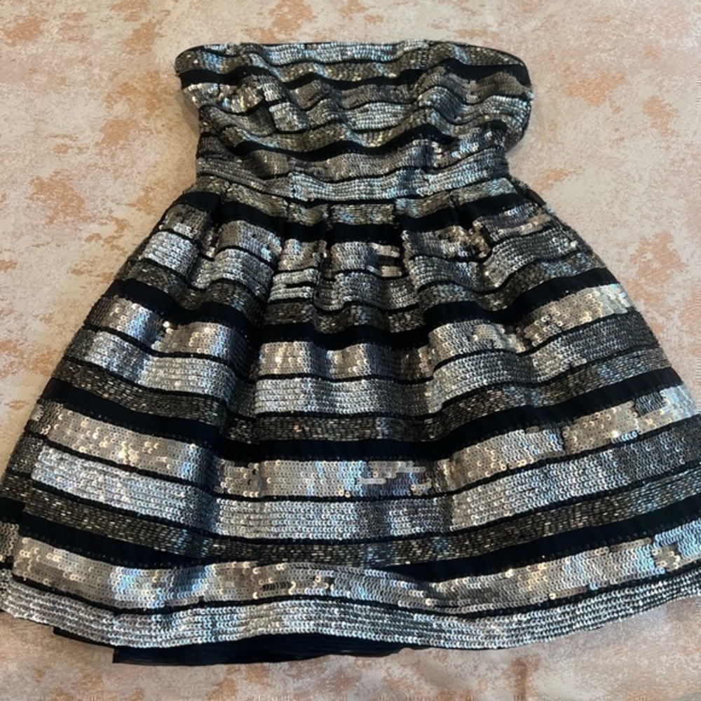 NBD Black Silver Sequin Strapless Mini Cocktail Dress S - Picture 1 of 6
